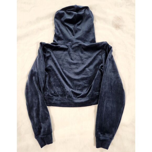 Urban Love Velour Zip Hoodie Jacket Size L Navy Y2K Cropped Rhinestone Lounge - Picture 3 of 9